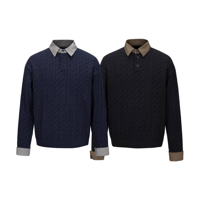 Men's Structured Cable Knit Henley Sweater with Contrast Shirt Collar and Cuff Turn-ups Fashion Glam