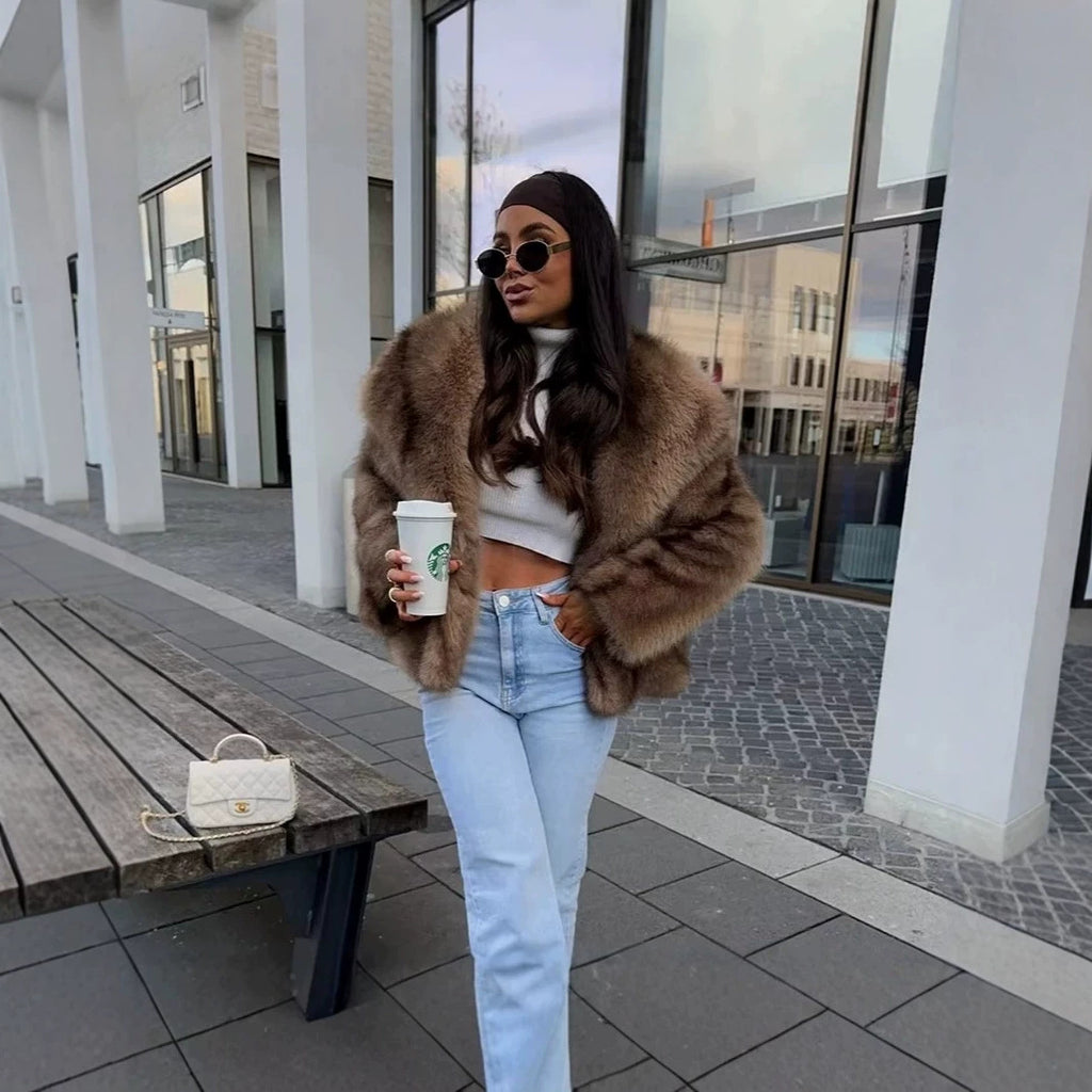 Women's Short Plush Faux Fur Jacket with Wide Shawl Collar and Straight Cut Fashion Glam