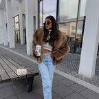 Women's Short Plush Faux Fur Jacket with Wide Shawl Collar and Straight Cut Fashion Glam
