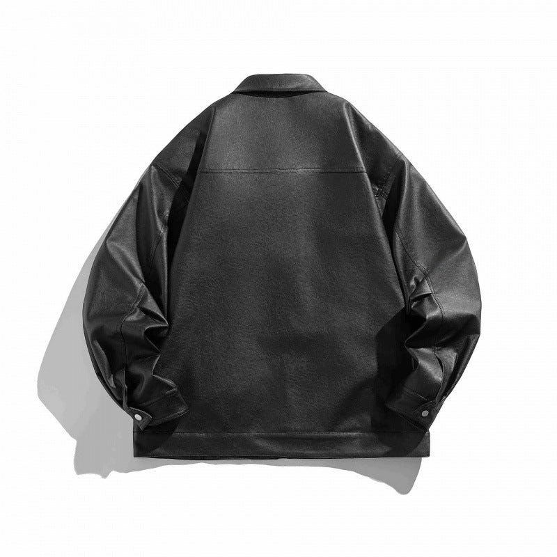 Unisex Boxy Faux Leather Blouson Jacket with Shirt Collar, Diagonal Chest Zip and Snap Hem Fashion Glam