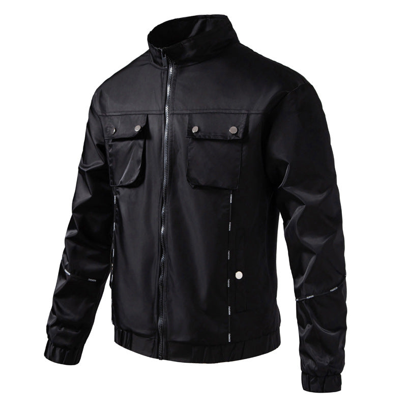 Men's Lightweight Utility Bomber Jacket with Flap Pockets, Stand-Up Collar, and Elastic Hem Fashion Glam