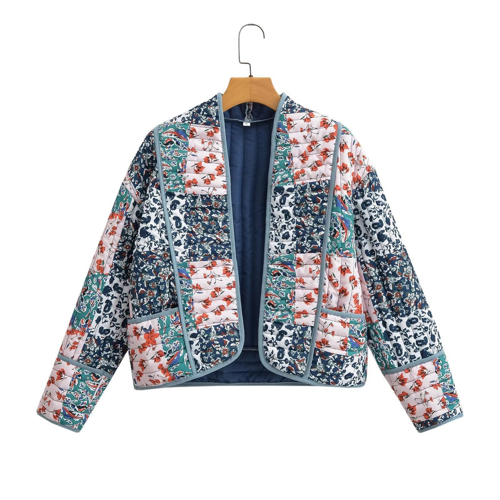 Women's Quilted Patchwork Quilted Jacket with Stand-Up Collar and Contrast Piping Fashion Glam