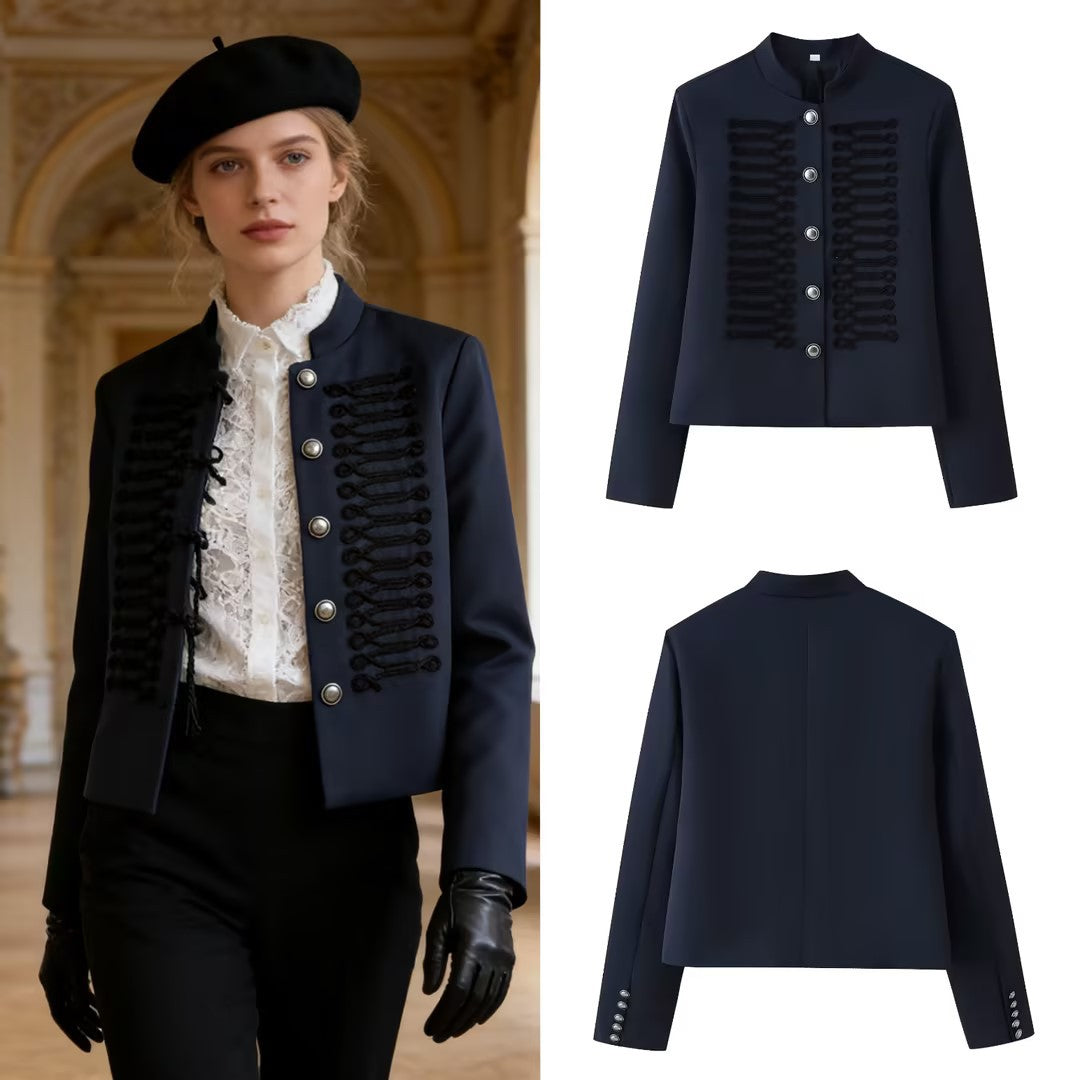 Women’s short military-style jacket with stand-up collar, decorative cord trimming, and decorative buttons Fashion Glam