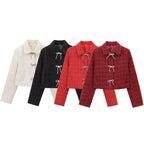 Women's Short Boucle Tweed Jacket with Peter Pan Collar and Decorative Bow Closures Fashion Glam