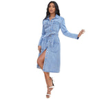 Ladies' midi dress made of denim with a waist belt and continuous button placket Fashion Glam
