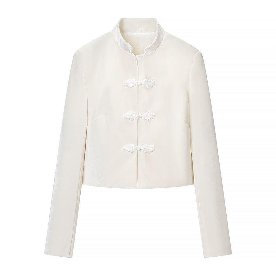 Women's Two-Piece Set with Tailored Short Mandarin Jacket and High-Waisted Pleated Trousers Fashion Glam
