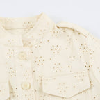 Women's short jacket made of lace embroidery with stand-up collar, utility pockets, and boxy cropped silhouette Fashion Glam
