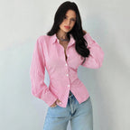 Women's Tailored Striped Shirt Blouse with Lapel Collar and Shaping Waist Fashion Glam