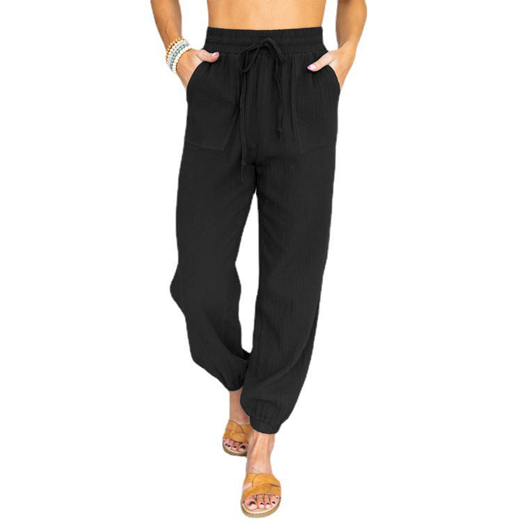 Women's Lightweight Linen Jogger Pants with Drawstring, Patch Pockets, and Elastic Cuffs Fashion Glam