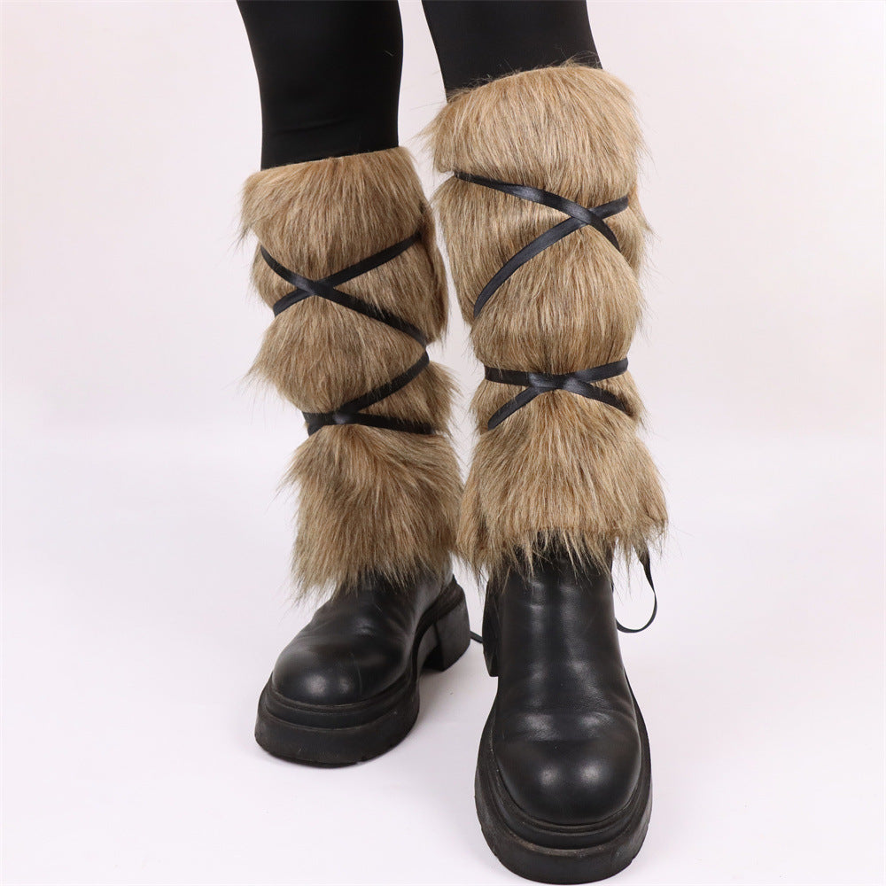 Ladies high-pile leg warmers with faux fur look and wrap straps Fashion Glam