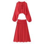 Women's Two-Piece Boho Set with Cropped Ruffle Blouse, Balloon Sleeves and High-Waisted Maxi Skirt Fashion Glam