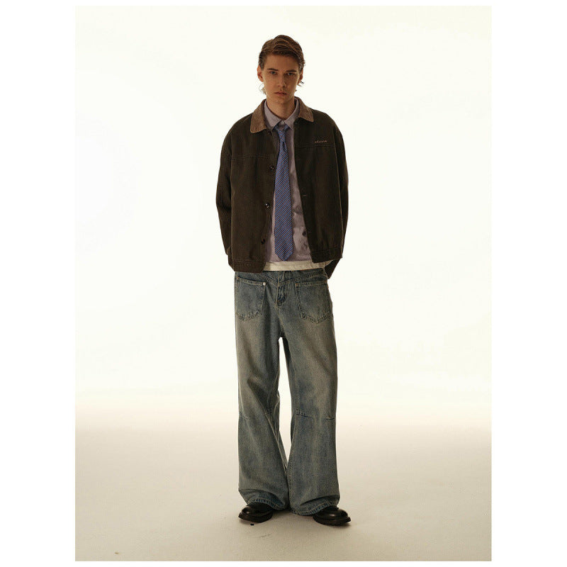 Men's Boxy Canvas Jacket with Cord Collar and Concealed Button Placket Fashion Glam