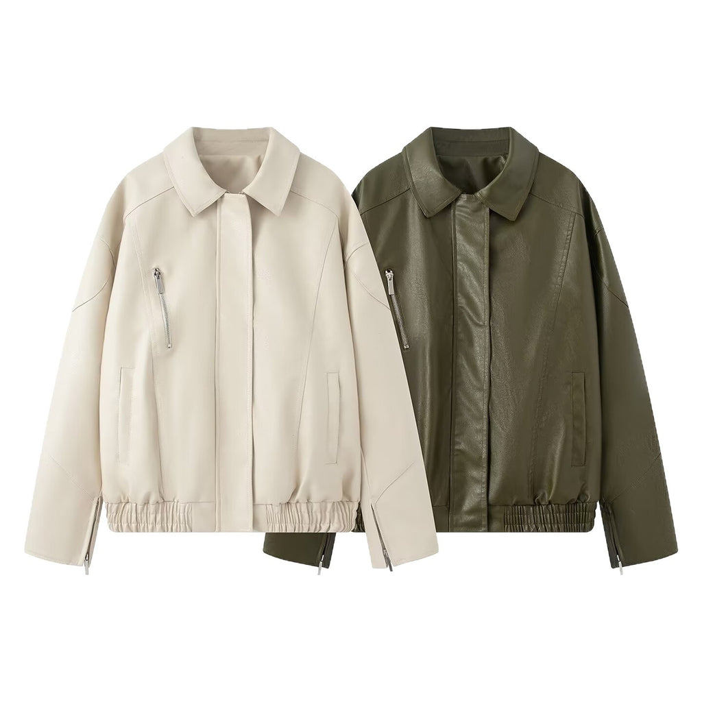 Women's Oversized Faux Leather Bomber Jacket with Elastic Hem, Concealed Snap Placket, and Asymmetric Zipper Pocket Fashion Glam
