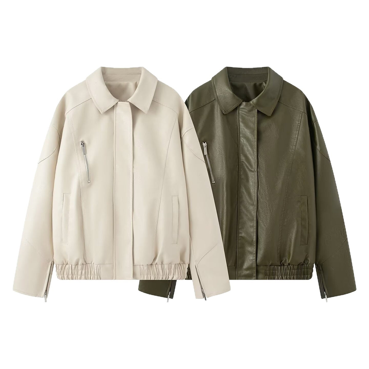 Women's Oversized Faux Leather Bomber Jacket with Elastic Hem, Concealed Snap Placket, and Asymmetric Zipper Pocket Fashion Glam