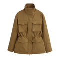 Women's utility jacket with drawstring waist, stand-up collar, and flap pockets Fashion Glam