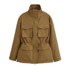Women's utility jacket with drawstring waist, stand-up collar, and flap pockets Fashion Glam