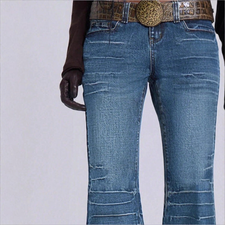 Women's High-Waisted Vintage Flared Jeans in Seventies Style with Horizontal Ribbed Look and Extra Wide Flare Fashion Glam