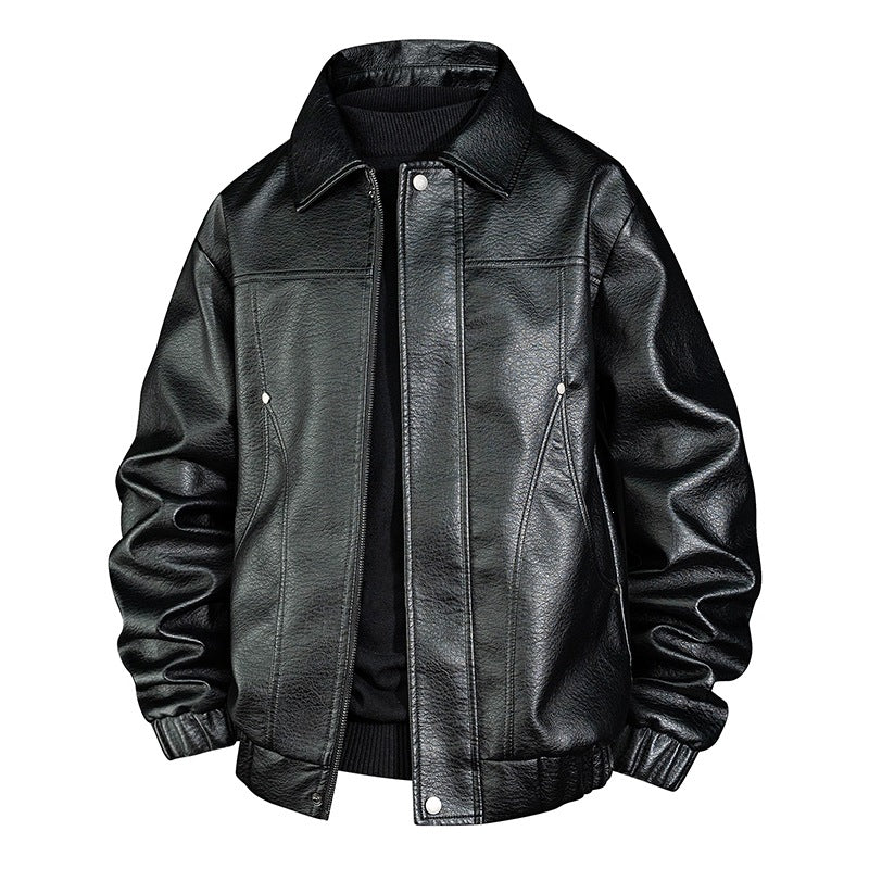 Men's faux leather bomber jacket with shirt collar, elastic waistband, and concealed zipper Fashion Glam