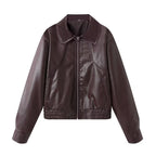 Women Cropped Faux Leather Bomber Jacket with Oversized Shirt Collar and Elastic Hem Fashion Glam