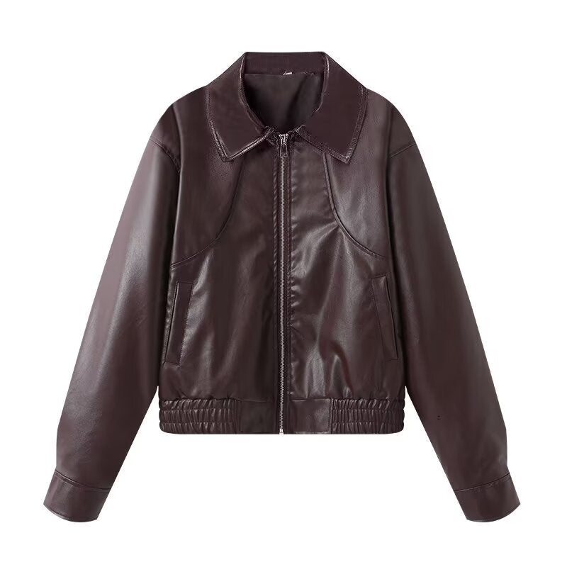 Women Cropped Faux Leather Bomber Jacket with Oversized Shirt Collar and Elastic Hem Fashion Glam
