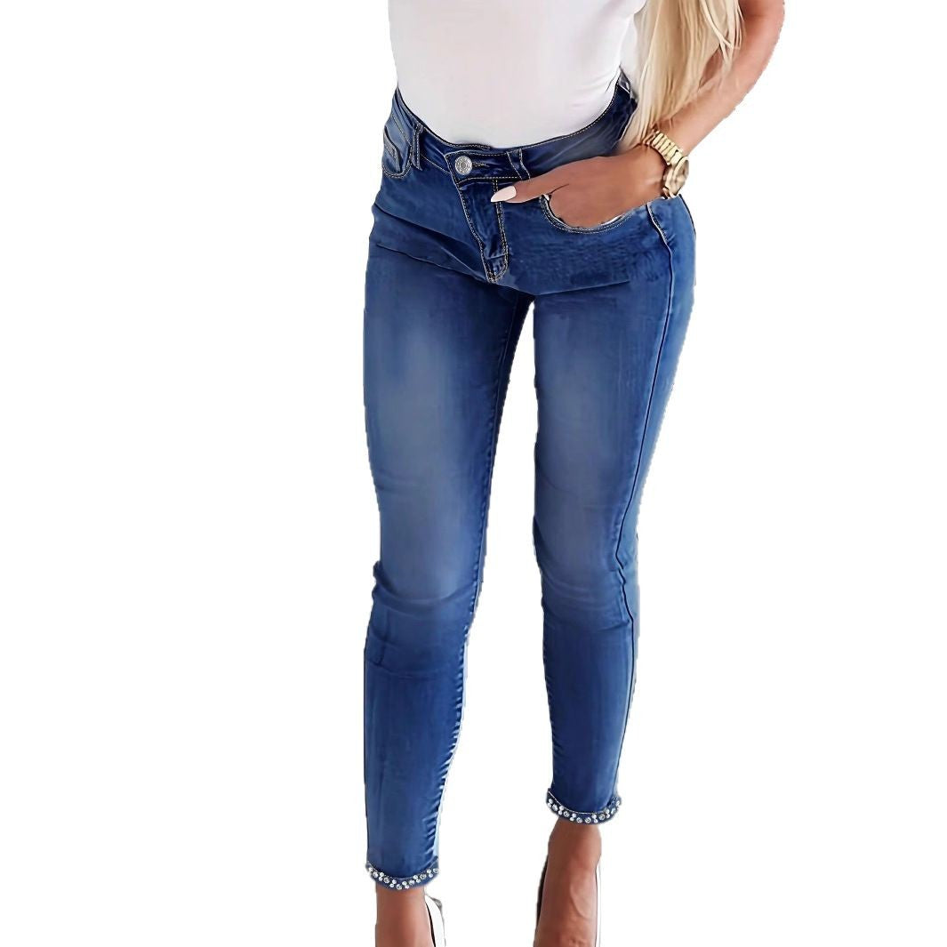 Women's skinny jeans with pearl embellishments and decorative bows Fashion Glam