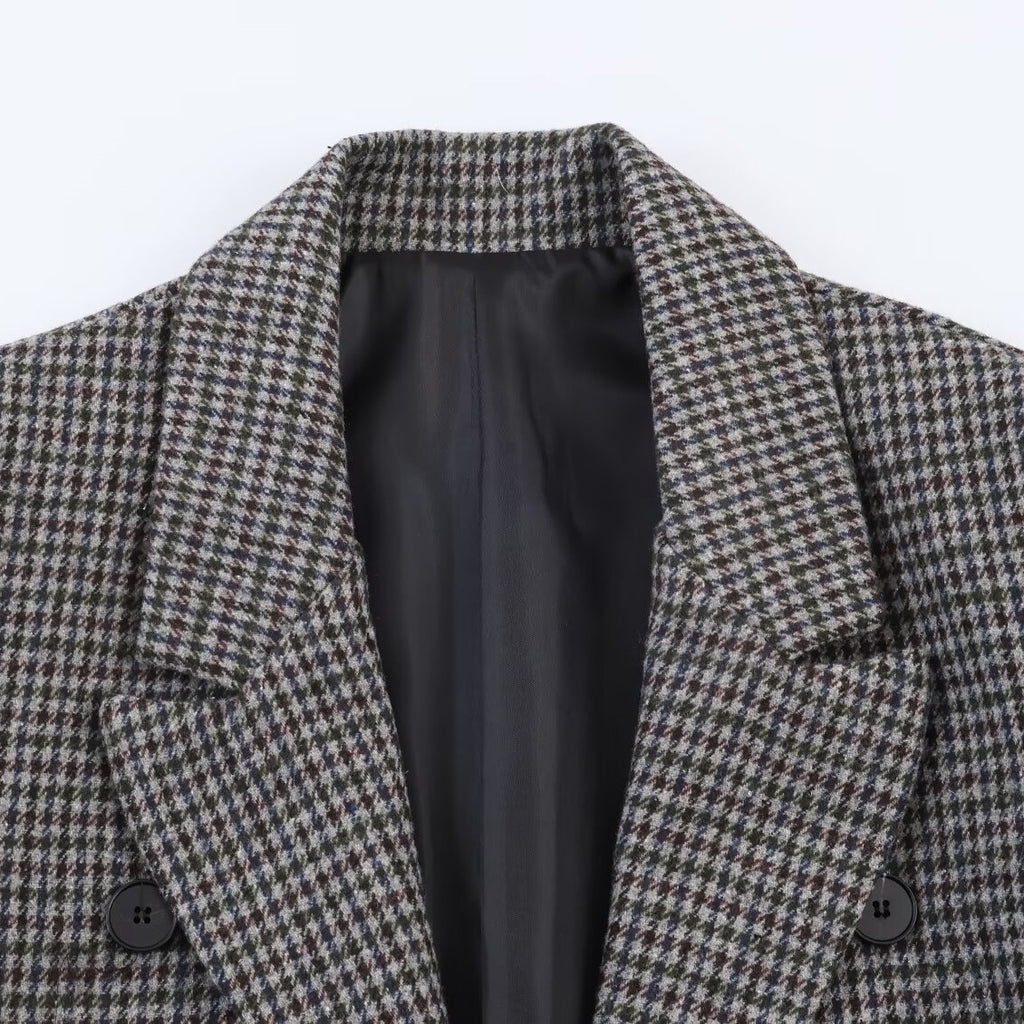 Women Double-breasted Houndstooth Blazer with Cutaway Hem and Vent Fashion Glam