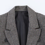 Women Double-breasted Houndstooth Blazer with Cutaway Hem and Vent Fashion Glam