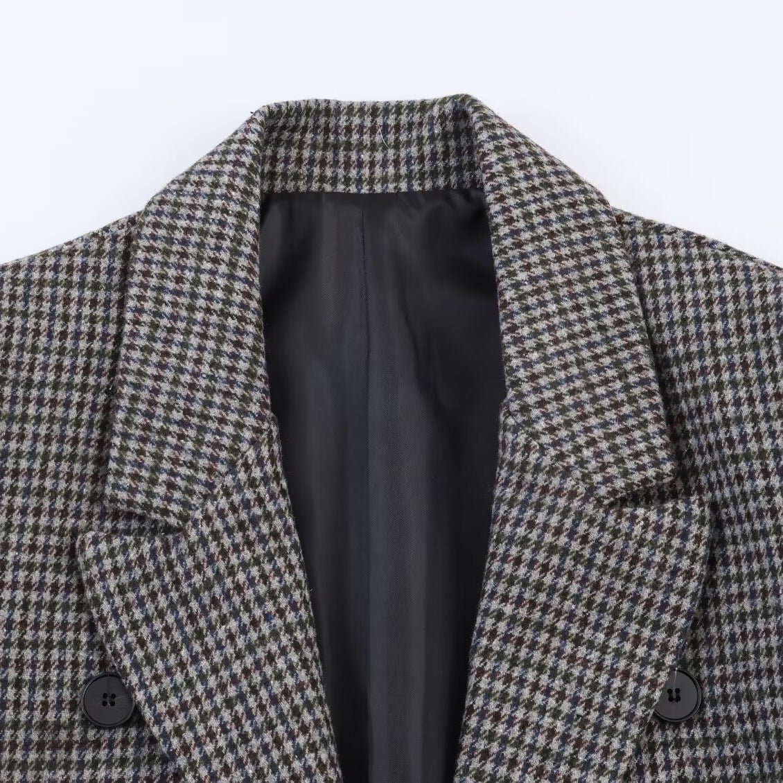 Women Double-breasted Houndstooth Blazer with Cutaway Hem and Vent Fashion Glam