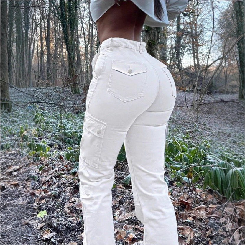 Women’s high-waisted cargo jeans with flared hem and functional flap pockets Fashion Glam