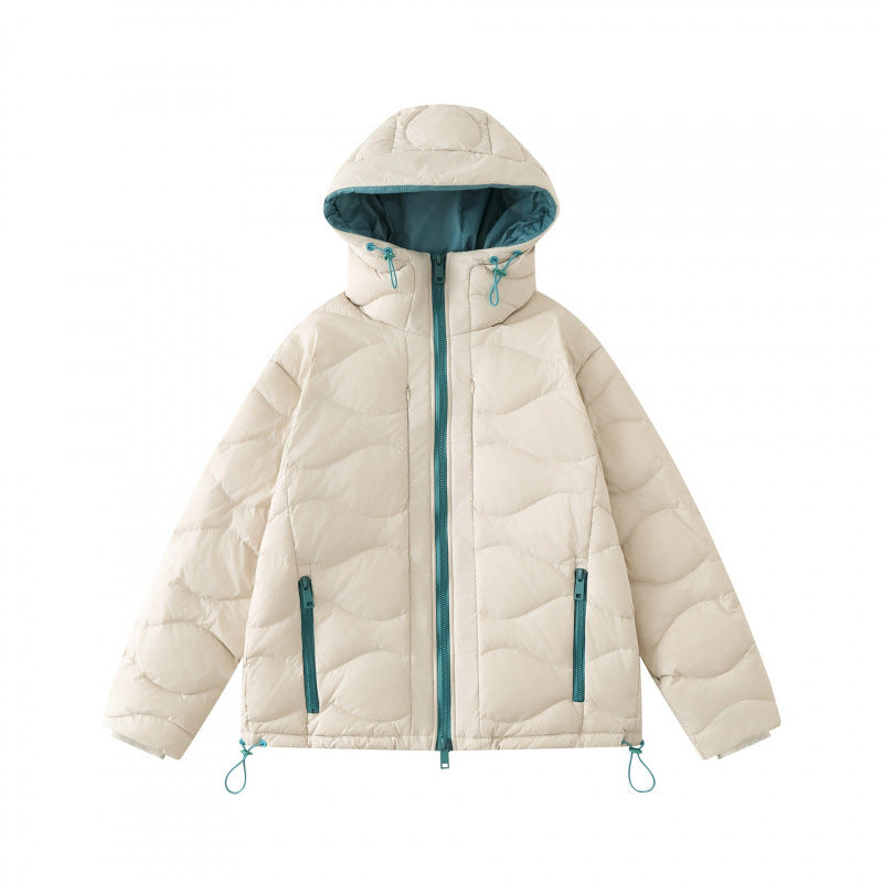 Unisex Short cut padded hooded jacket with wave quilting, two-way zipper and adjustable hem Fashion Glam