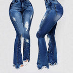 Ladies pearl-embellished high-waist flared jeans with destroyed details and raw hem Fashion Glam