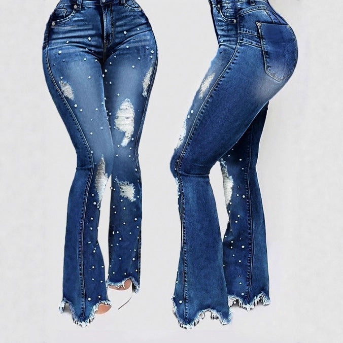 Ladies pearl-embellished high-waist flared jeans with destroyed details and raw hem Fashion Glam