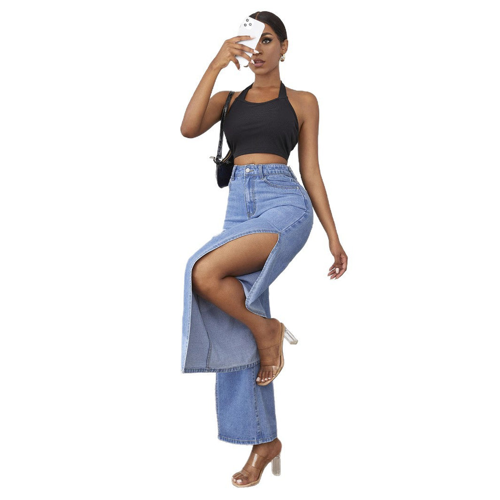 Ladies wide high-waist denim jeans with side leg slits and destroyed knee areas Fashion Glam