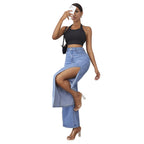 Ladies wide high-waist denim jeans with side leg slits and destroyed knee areas Fashion Glam