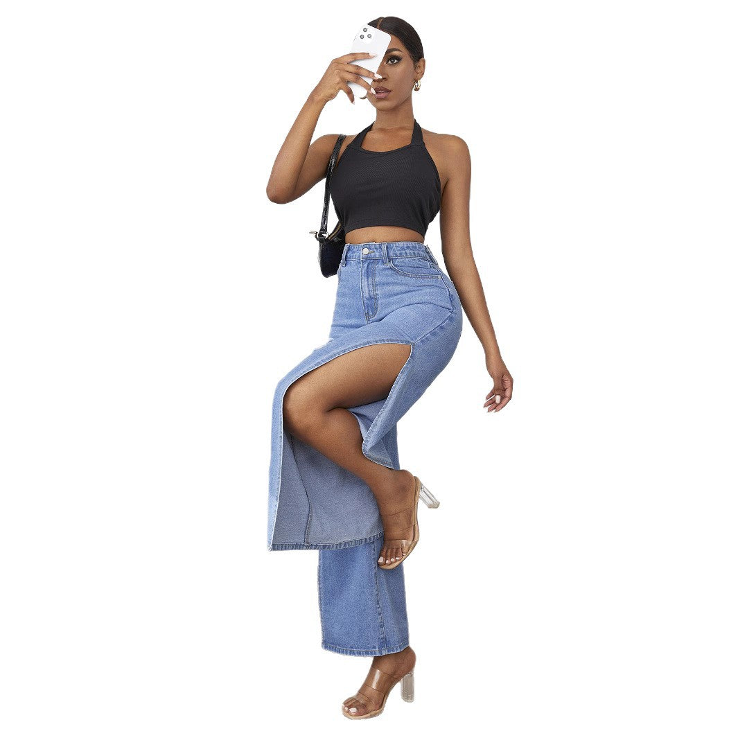 Ladies wide high-waist denim jeans with side leg slits and destroyed knee areas Fashion Glam