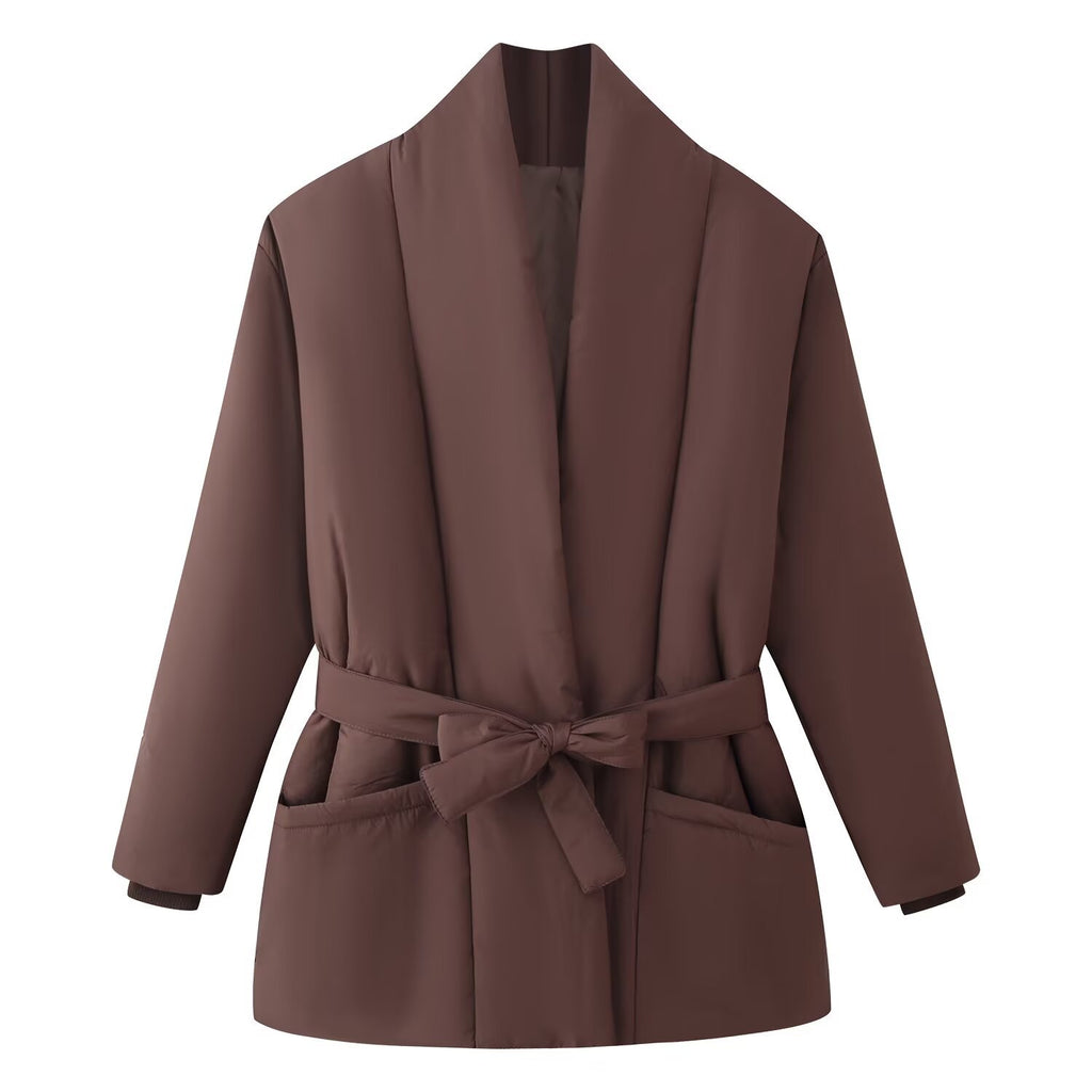 Women's Short Quilted Padded Jacket with Shawl Collar and Waist Belt Fashion Glam