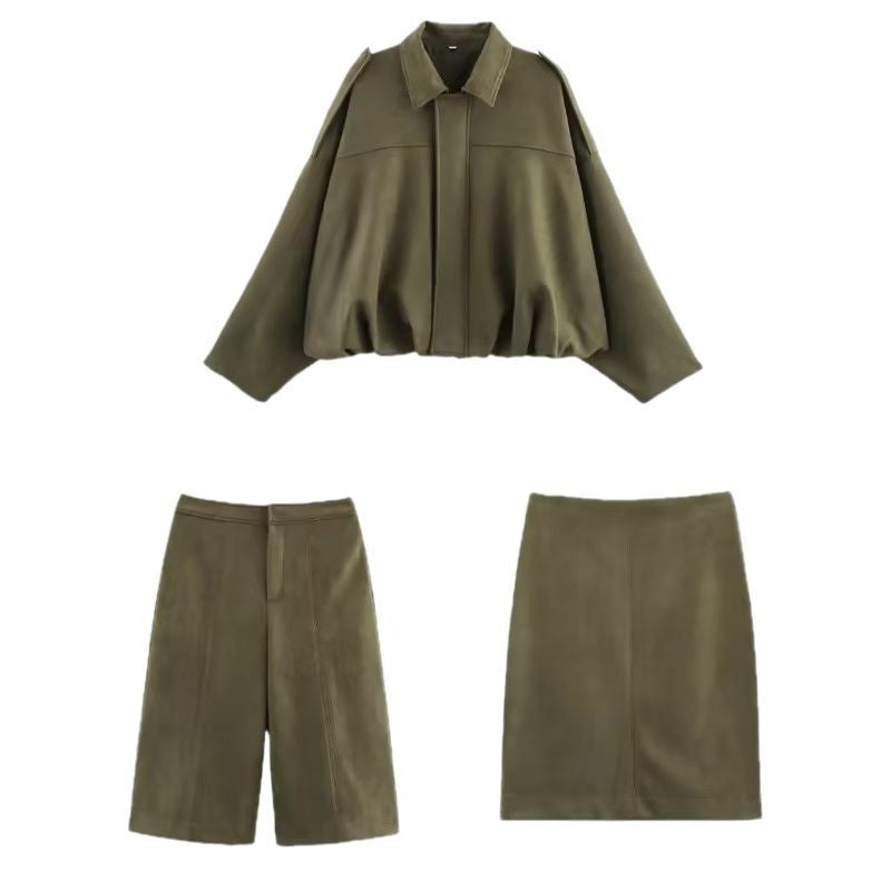 Women's Oversized Suede Blouson with Cropped Hem and Epaulettes Fashion Glam