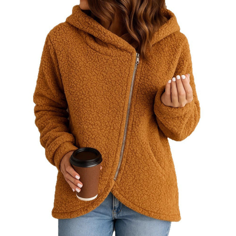 Women's teddy fleece jacket with asymmetrical zipper, hood and curved hem Fashion Glam