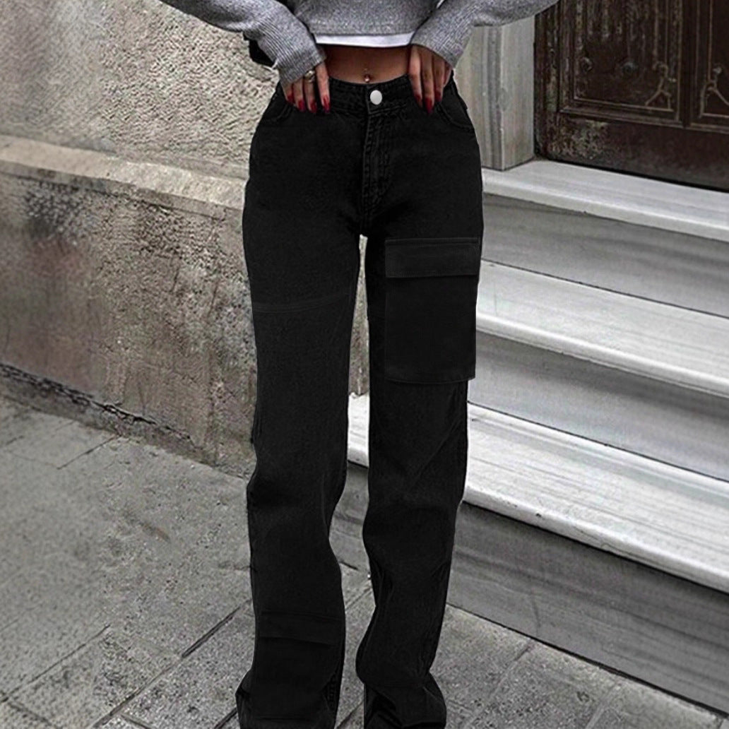 Women's cargo denim pants with large thigh pocket and wide straight-leg Fashion Glam