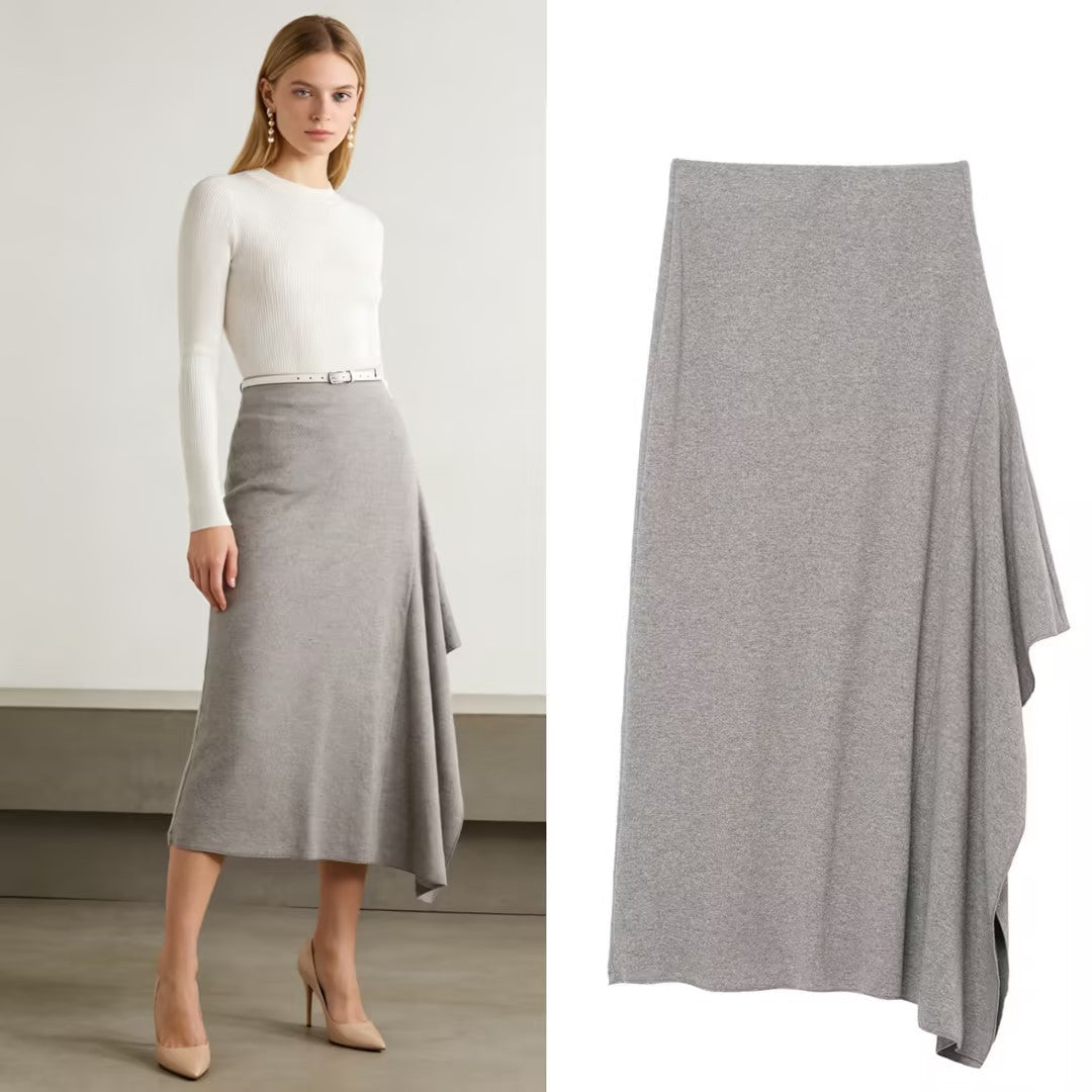 Women's Asymmetrical Midi Skirt made of Fine Knit with Draped Side Slit Fashion Glam