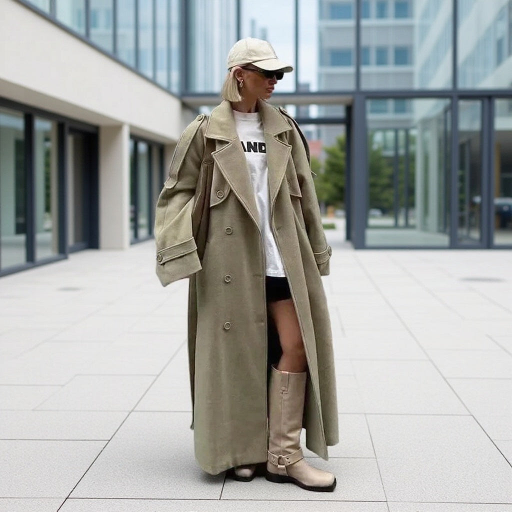 Women Extravagant Longline Wool Blend Trench with Dropped Shoulder and Sleeve Buckles Fashion Glam