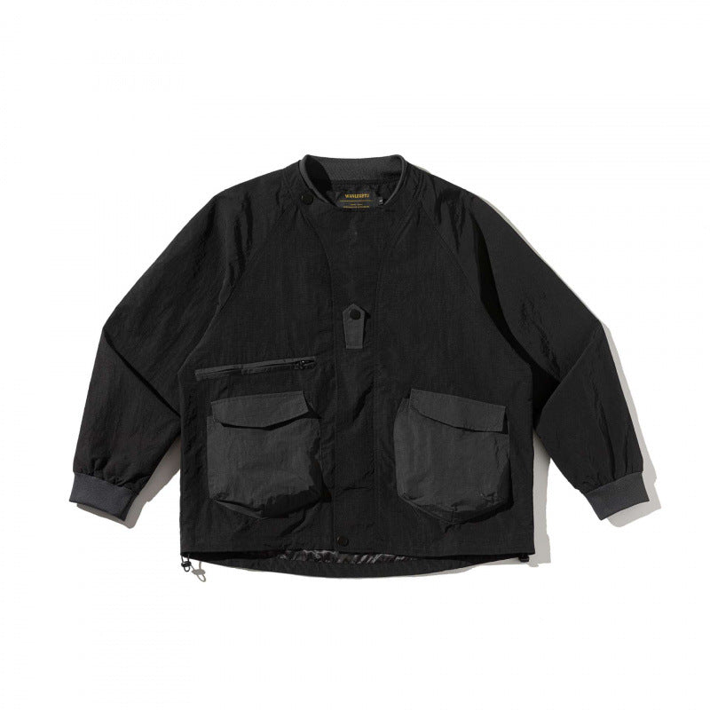 Unisex Short Cut Boxy Overlayer Jacket in Utility Style with Flap Pockets and Drawstring Fashion Glam