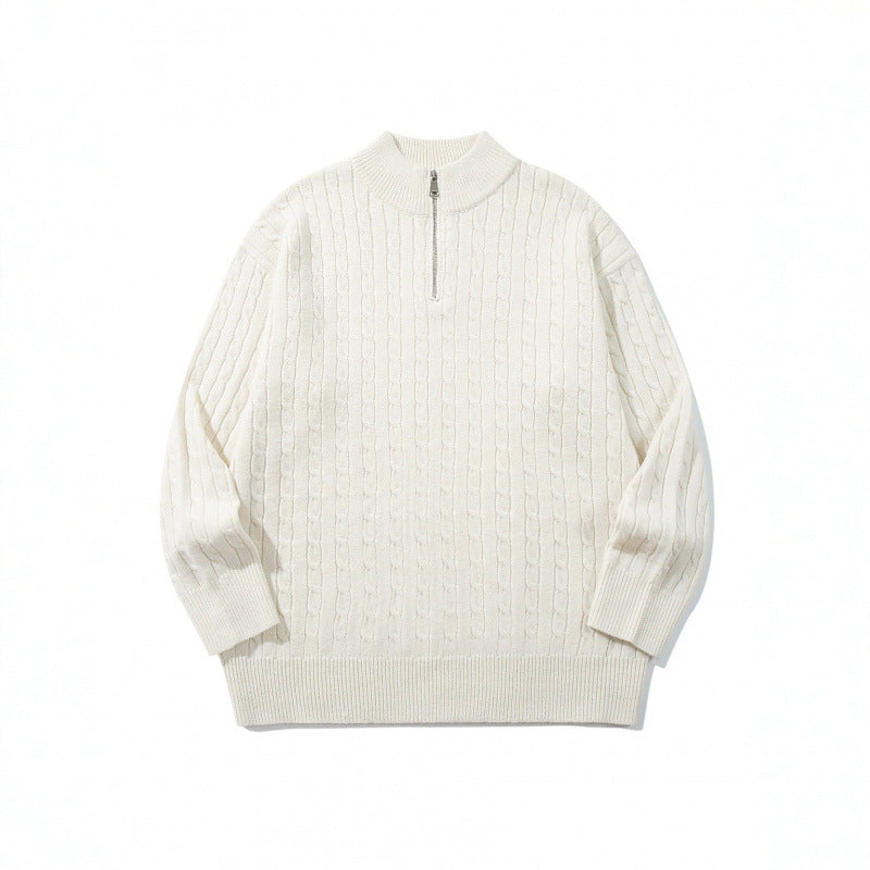 Unisex Oversize Braided Knit Half-Zip Sweater with Short Stand-Up Collar and Wide Ribbed Hem Fashion Glam