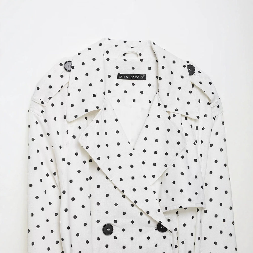 Women Polka Dot Cropped Trench Coat with Tie Belt Fashion Glam