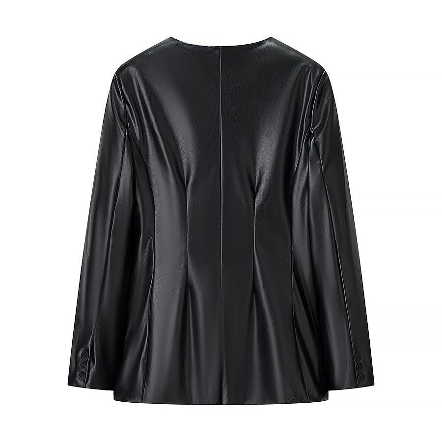 Women's Tailored Faux Leather Blazer with Single Button and Contoured Silhouette Fashion Glam