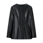Women's Tailored Faux Leather Blazer with Single Button and Contoured Silhouette Fashion Glam
