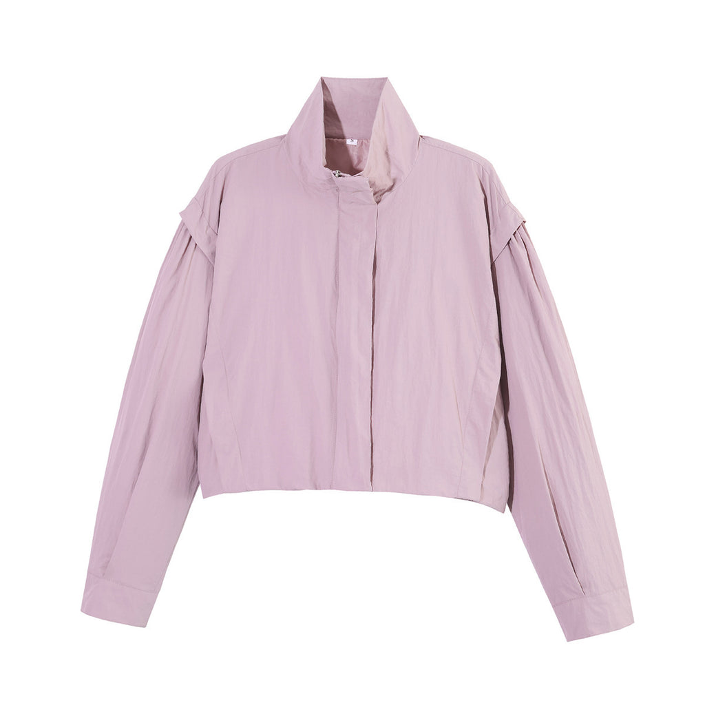 Women's Cropped Transition Jacket with Stand-Up Collar and Wide Raglan Sleeves Fashion Glam
