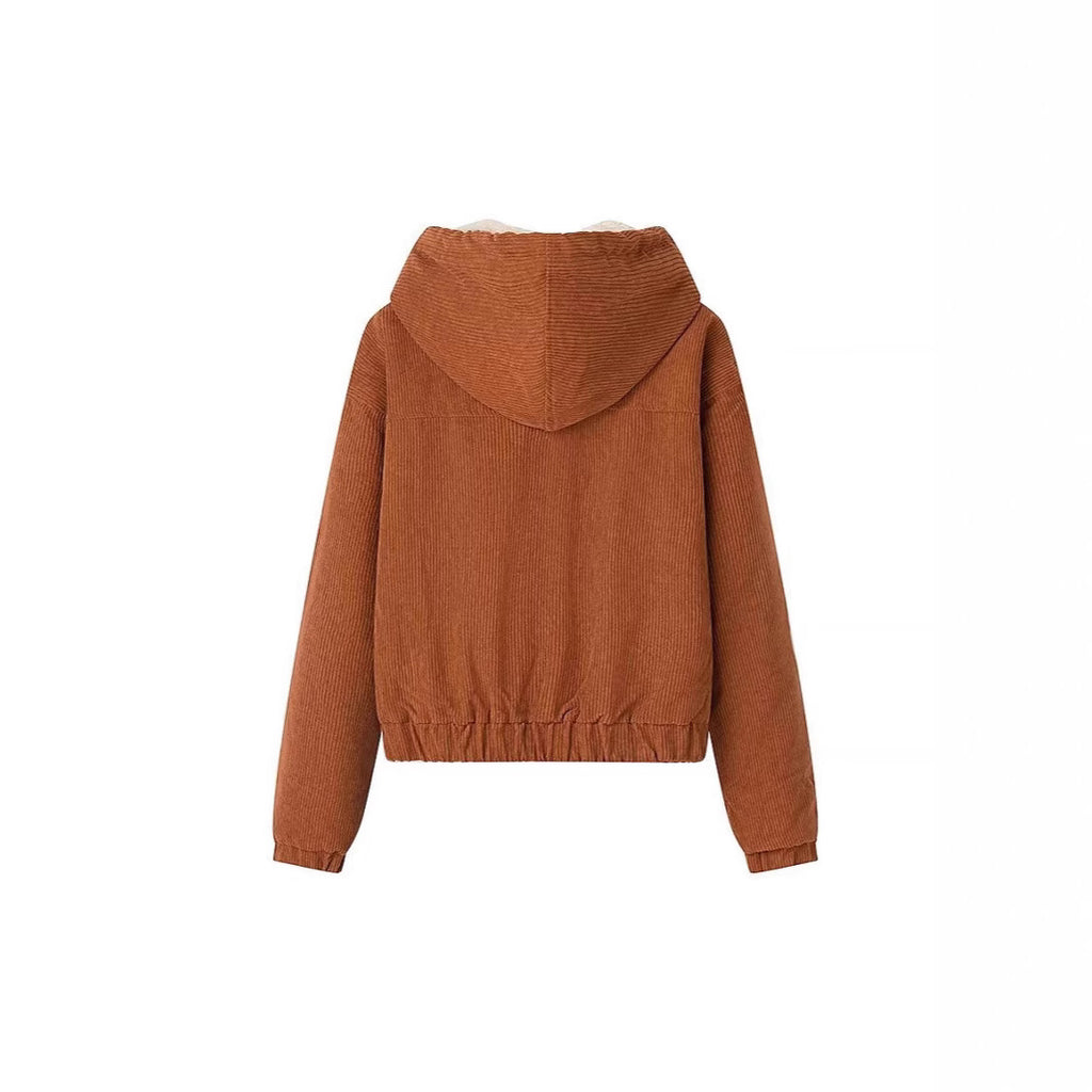 Ladies Cord Jacket with Hood, Teddy Lining and Ring Zipper Fashion Glam