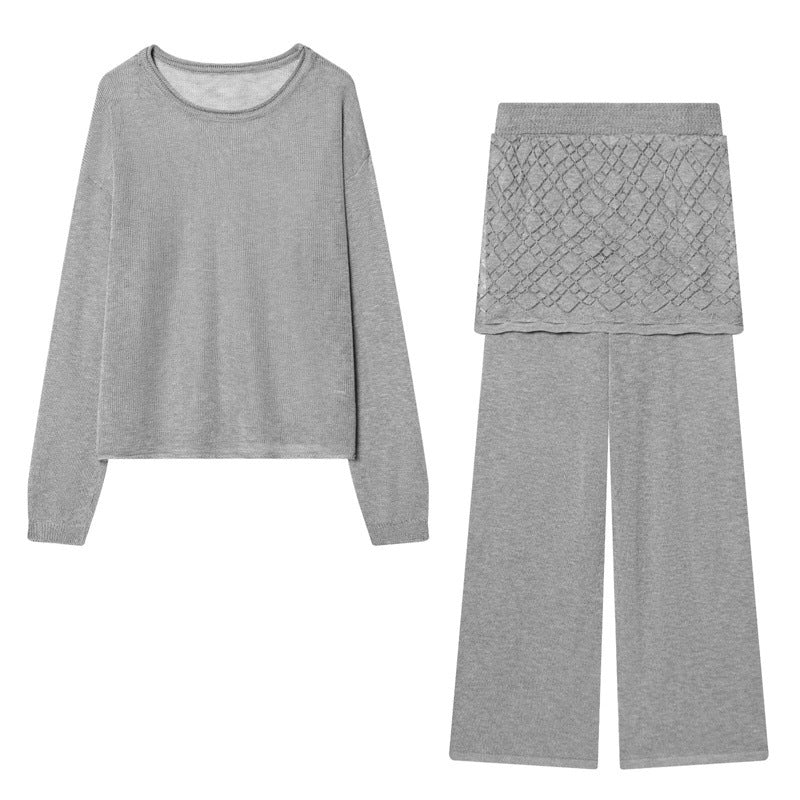 Women's Fine Knit Loungewear Set with Round Neck Sweater, Wide Palazzo and Structured Skirt Overlay Fashion Glam