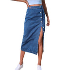 Ladies jeans midi skirt with side button placket and high thigh slit Fashion Glam